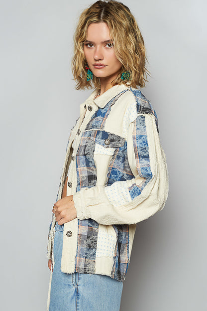 "Frannie" Frayed Patchwork Jacket in Cream & Blue