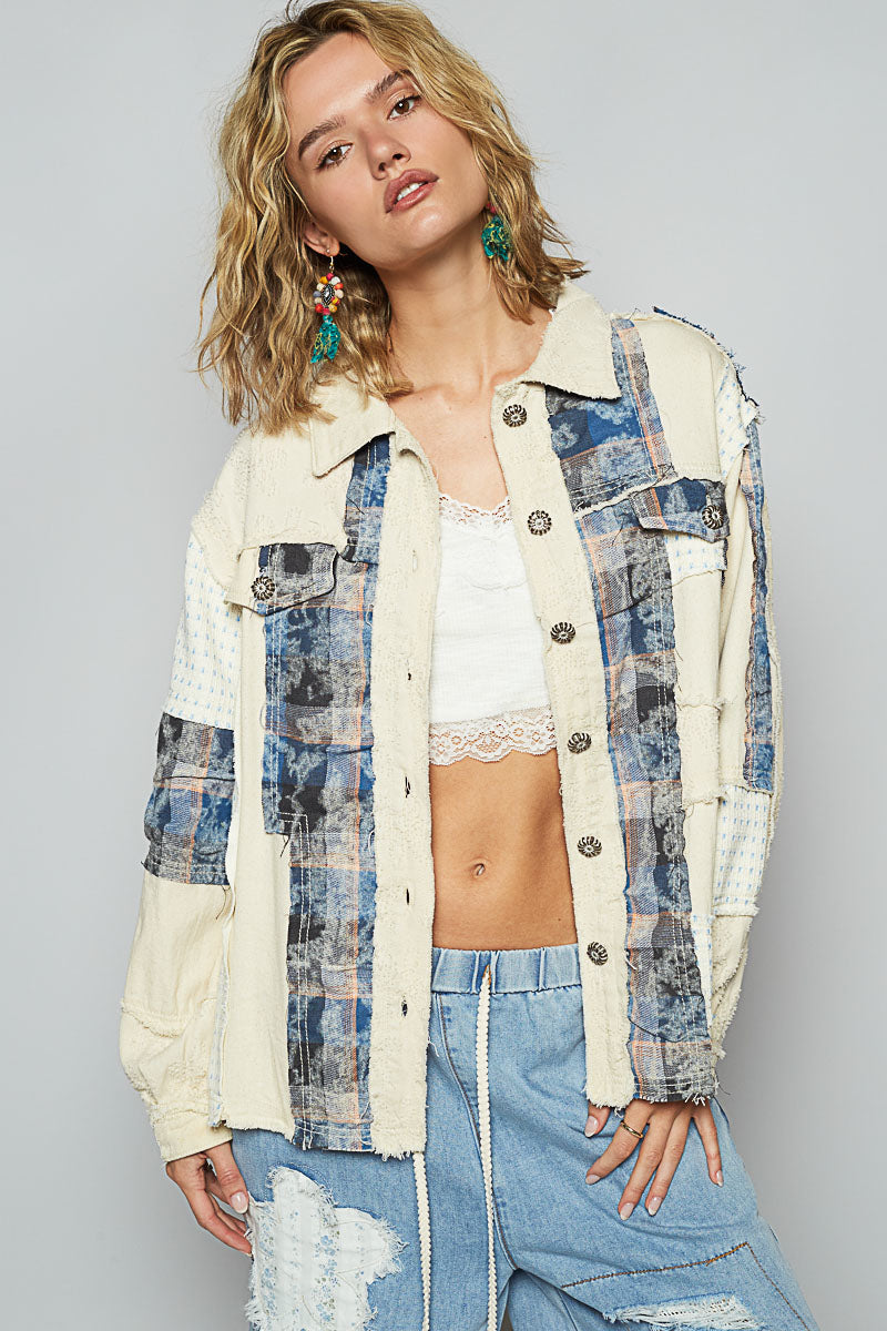 "Frannie" Frayed Patchwork Jacket in Cream & Blue