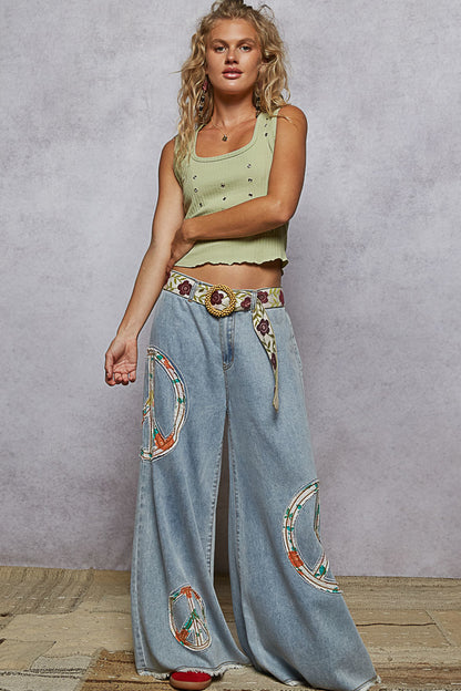 "Peace Patch" Lt Blue Peace Applique Wide Leg Jeans