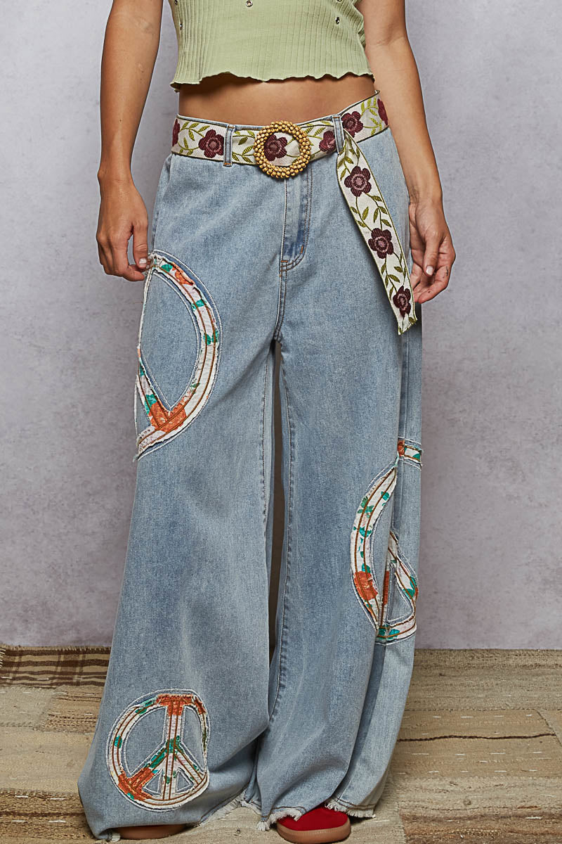 "Peace Patch" Lt Blue Peace Applique Wide Leg Jeans