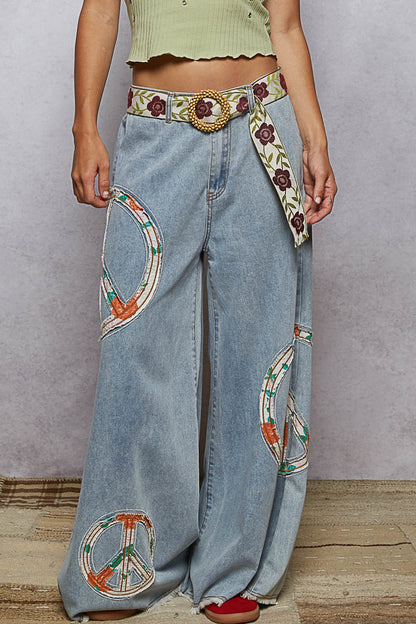 "Peace Patch" Lt Blue Peace Applique Wide Leg Jeans