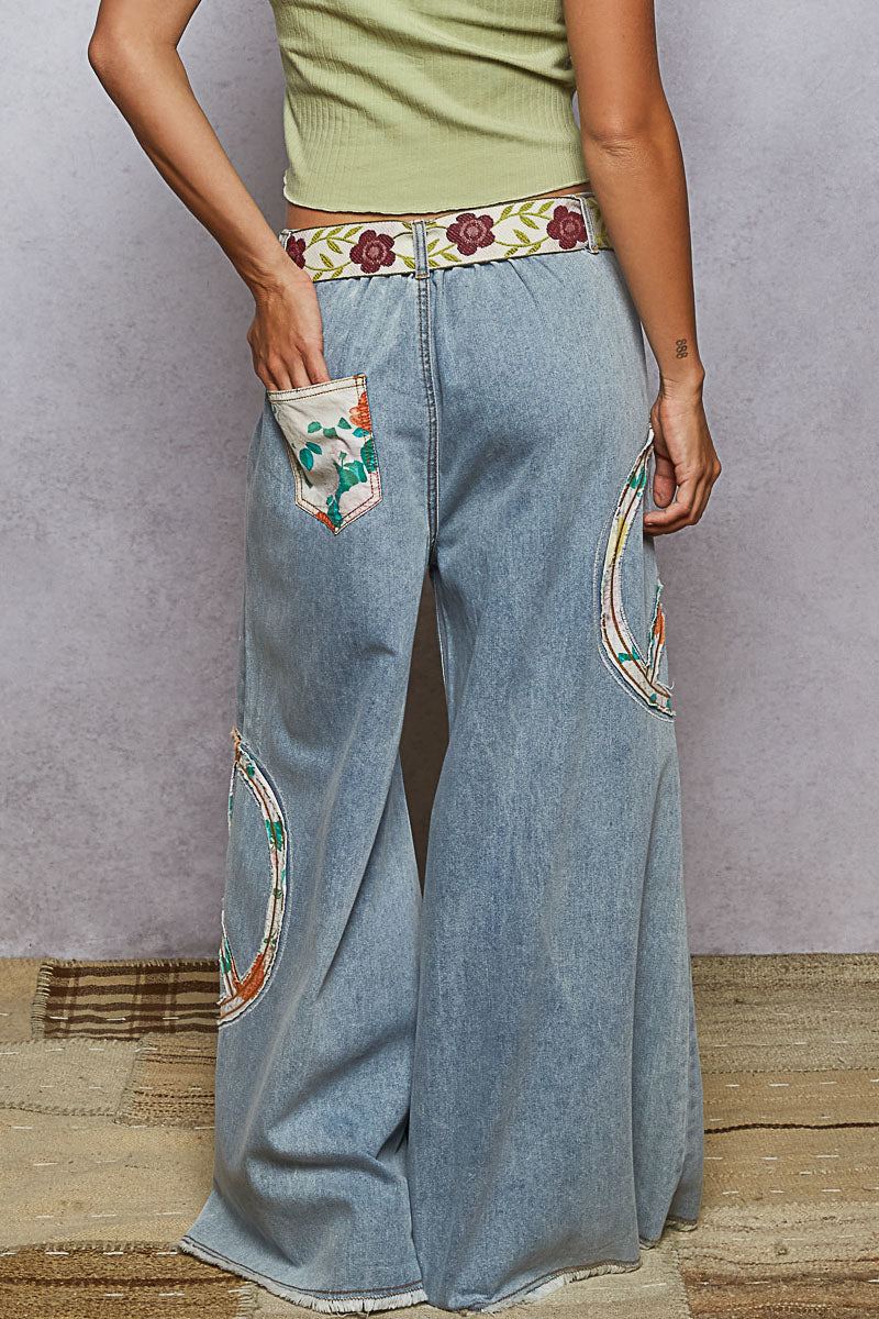 "Peace Patch" Lt Blue Peace Applique Wide Leg Jeans