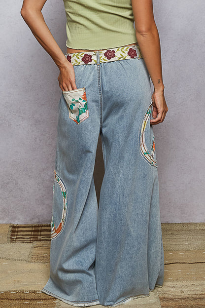 "Peace Patch" Lt Blue Peace Applique Wide Leg Jeans
