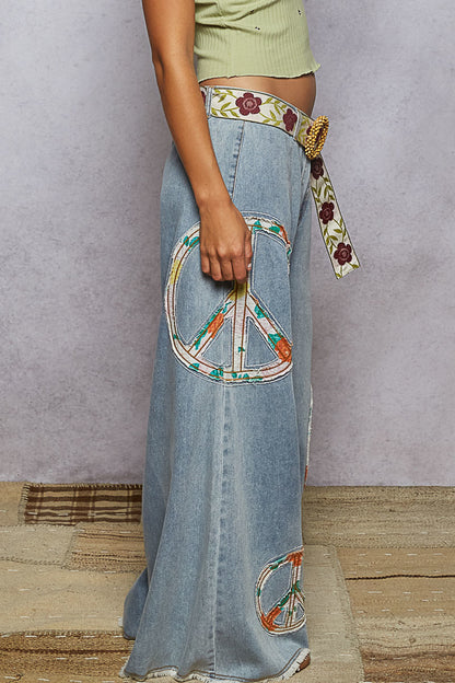 "Peace Patch" Lt Blue Peace Applique Wide Leg Jeans