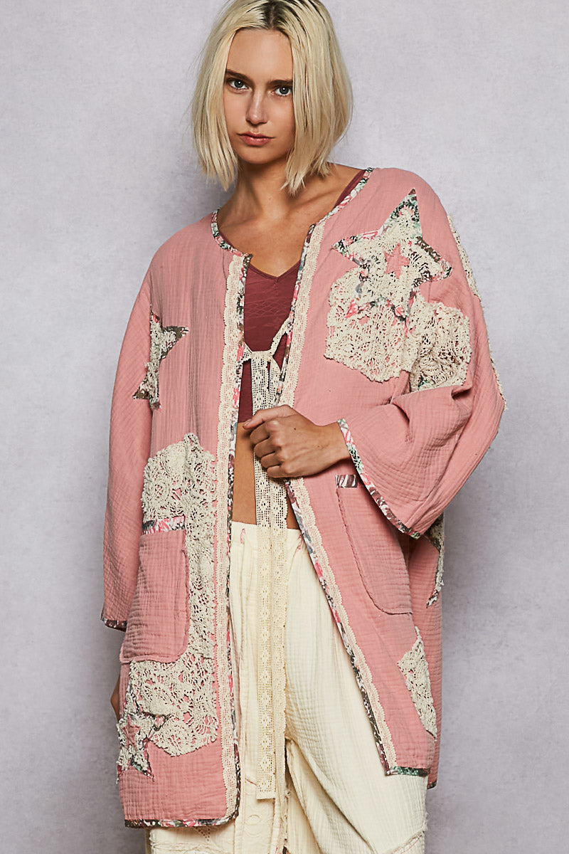"Paige" Double Gauze Patchwork Cardigan Kimono in Pink