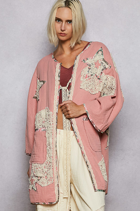 "Paige" Double Gauze Patchwork Cardigan Kimono in Pink