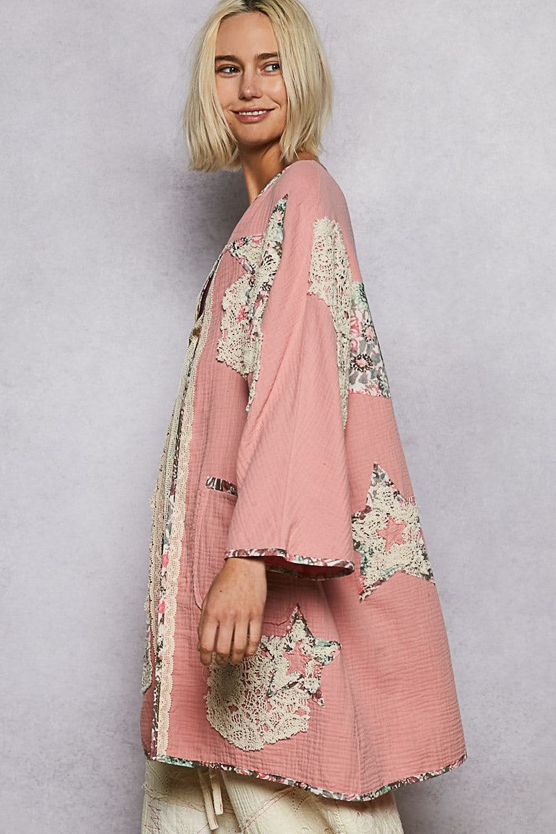 "Paige" Double Gauze Patchwork Cardigan Kimono in Pink