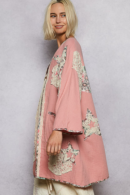 "Paige" Double Gauze Patchwork Cardigan Kimono in Pink