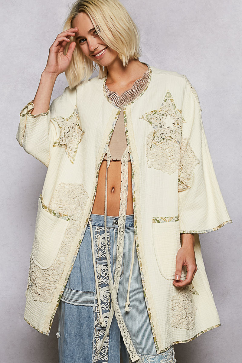 "Paige" Double Gauze Patchwork Cardigan Kimono in Natural