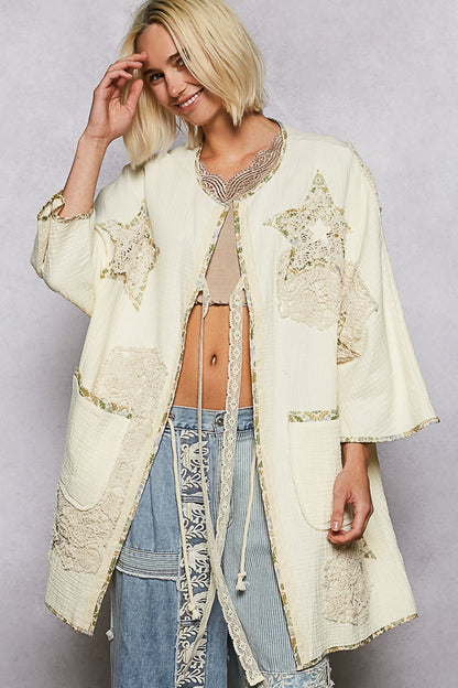 "Paige" Double Gauze Patchwork Cardigan Kimono in Natural