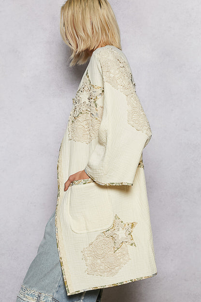"Paige" Double Gauze Patchwork Cardigan Kimono in Natural