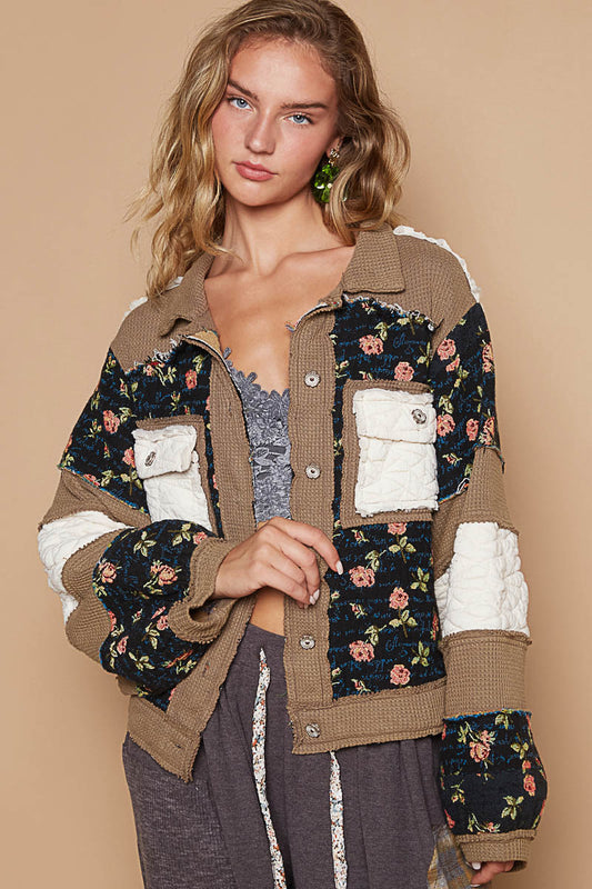 "Jennifer" Waffle Colorblock Floral Jacket
