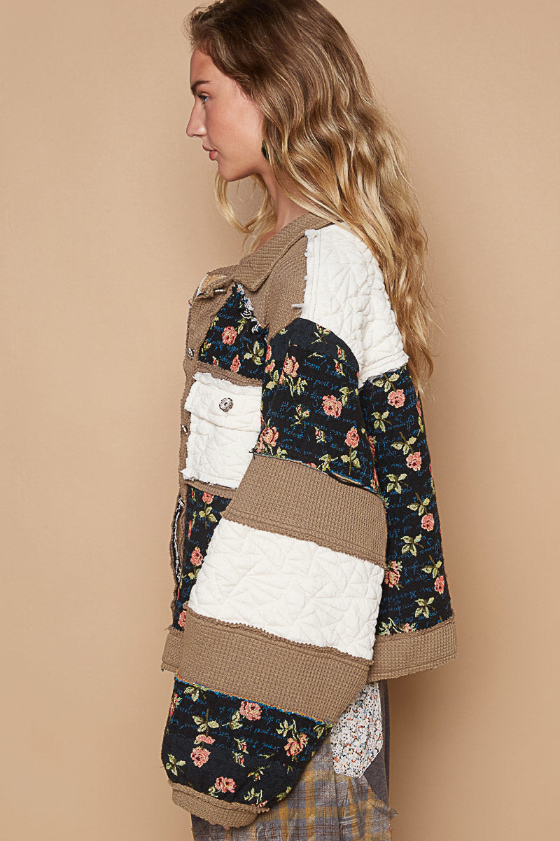 "Jennifer" Waffle Colorblock Floral Jacket