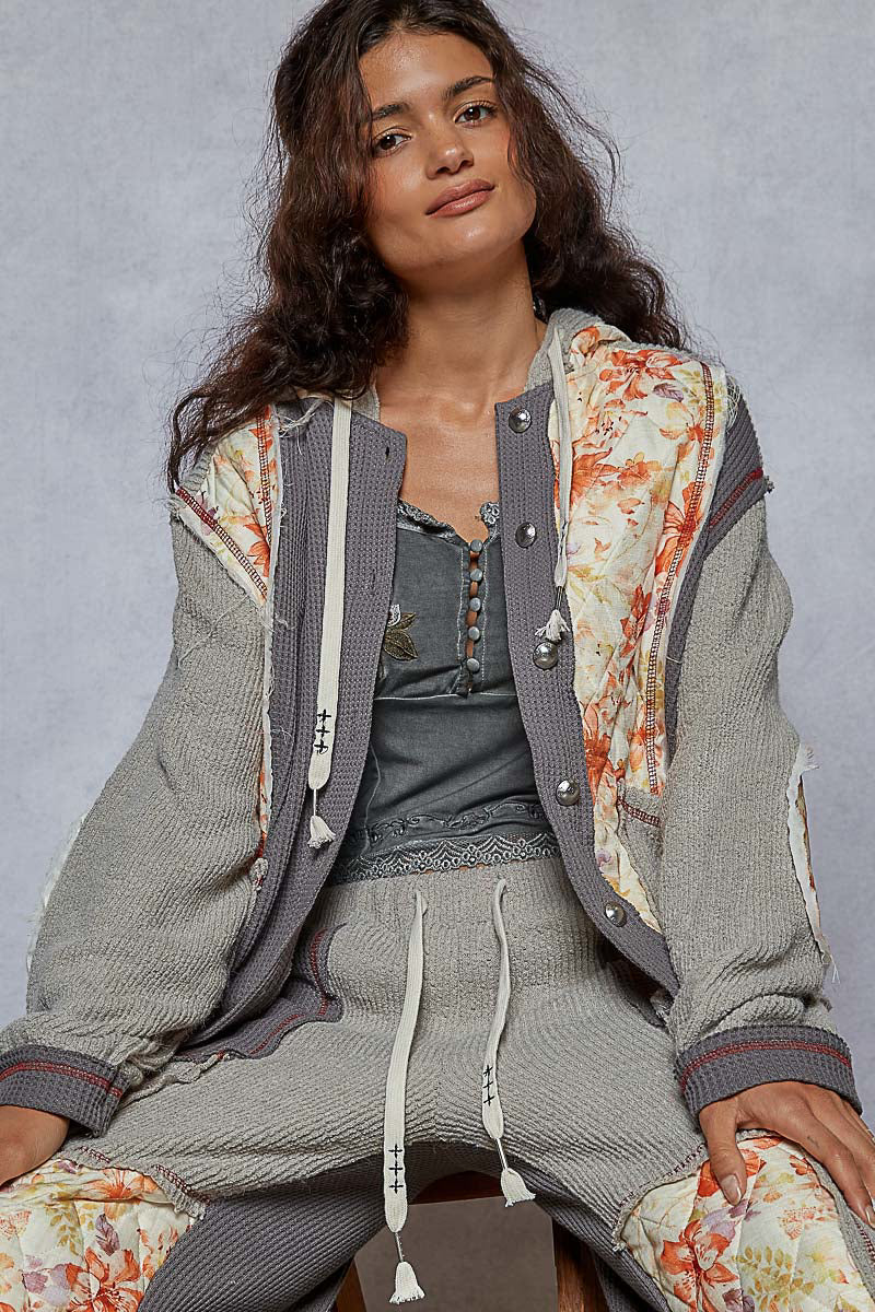 "Whimsy" Floral Thermal Quilted Hoodie Jacket in Grey