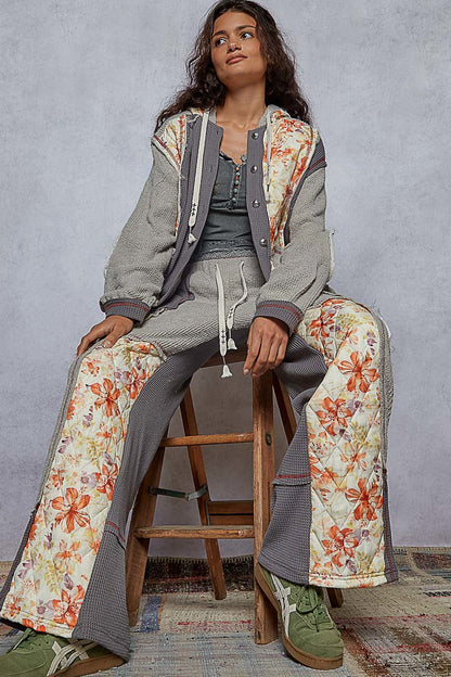 "Whimsy" Floral Thermal Quilted Hoodie Jacket in Grey