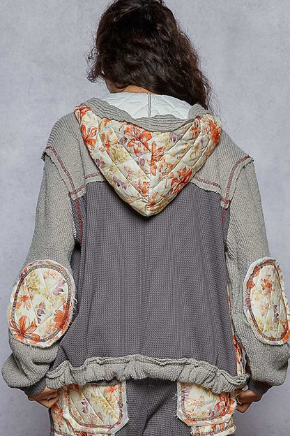 "Whimsy" Floral Thermal Quilted Hoodie Jacket in Grey