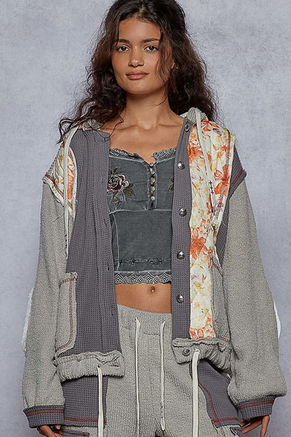"Whimsy" Floral Thermal Quilted Hoodie Jacket in Grey
