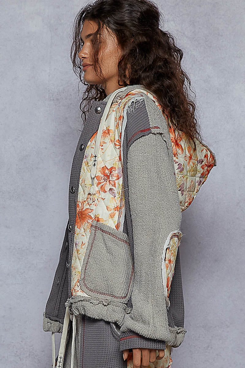 "Whimsy" Floral Thermal Quilted Hoodie Jacket in Grey