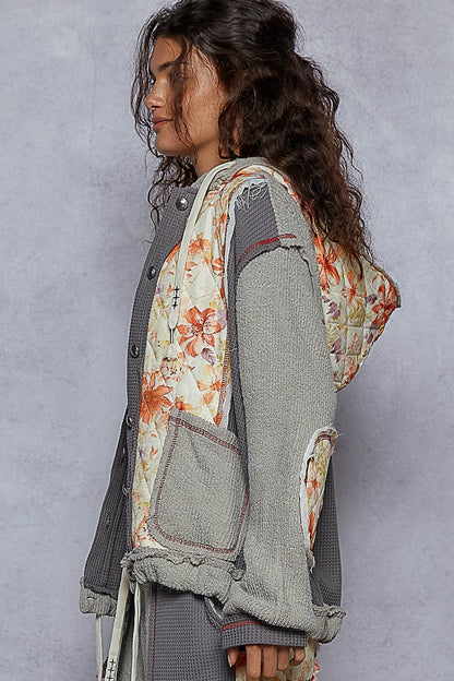 "Whimsy" Floral Thermal Quilted Hoodie Jacket in Grey