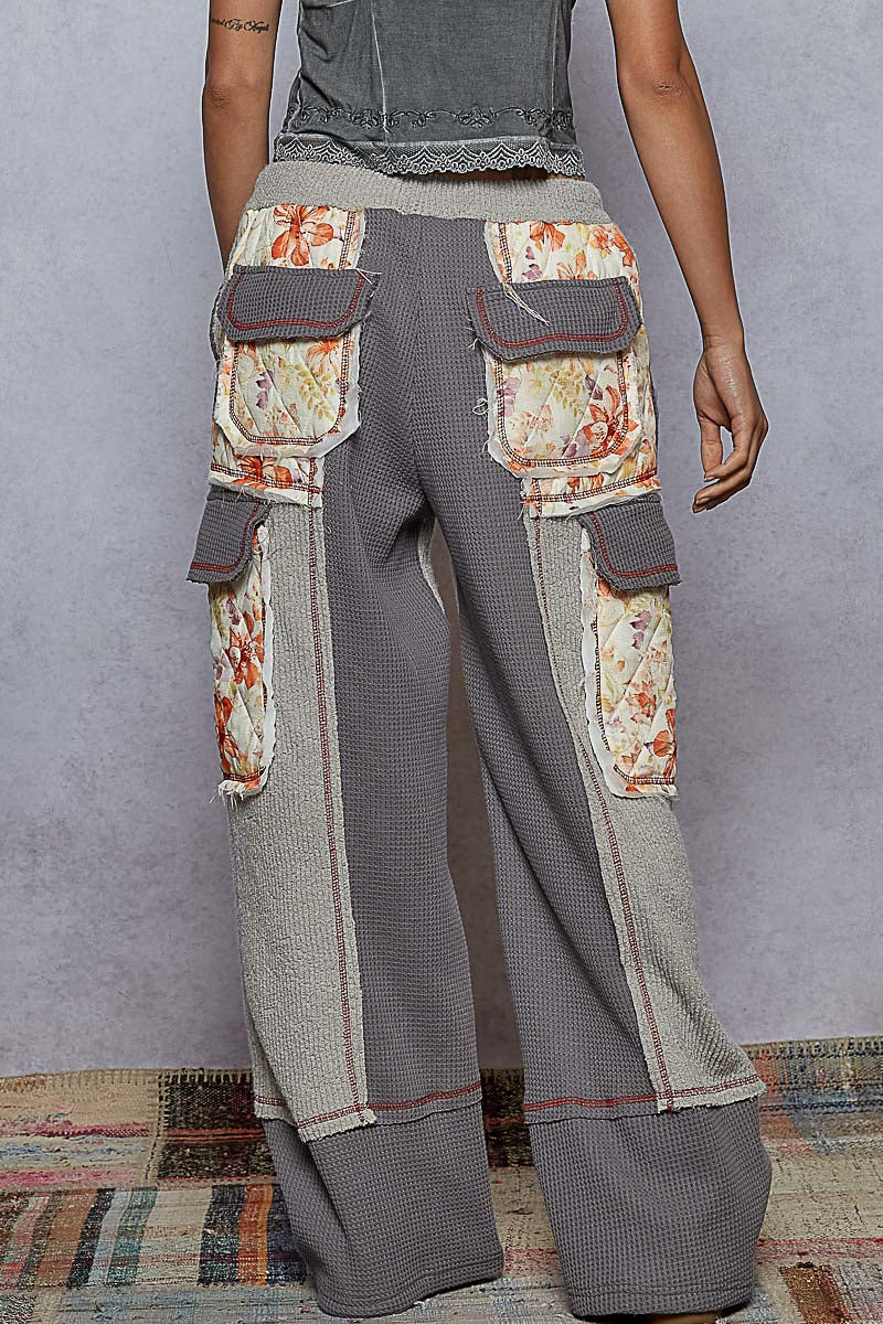 "Wanderlust" Grey Floral Thermal Quilted Wide Leg Pants