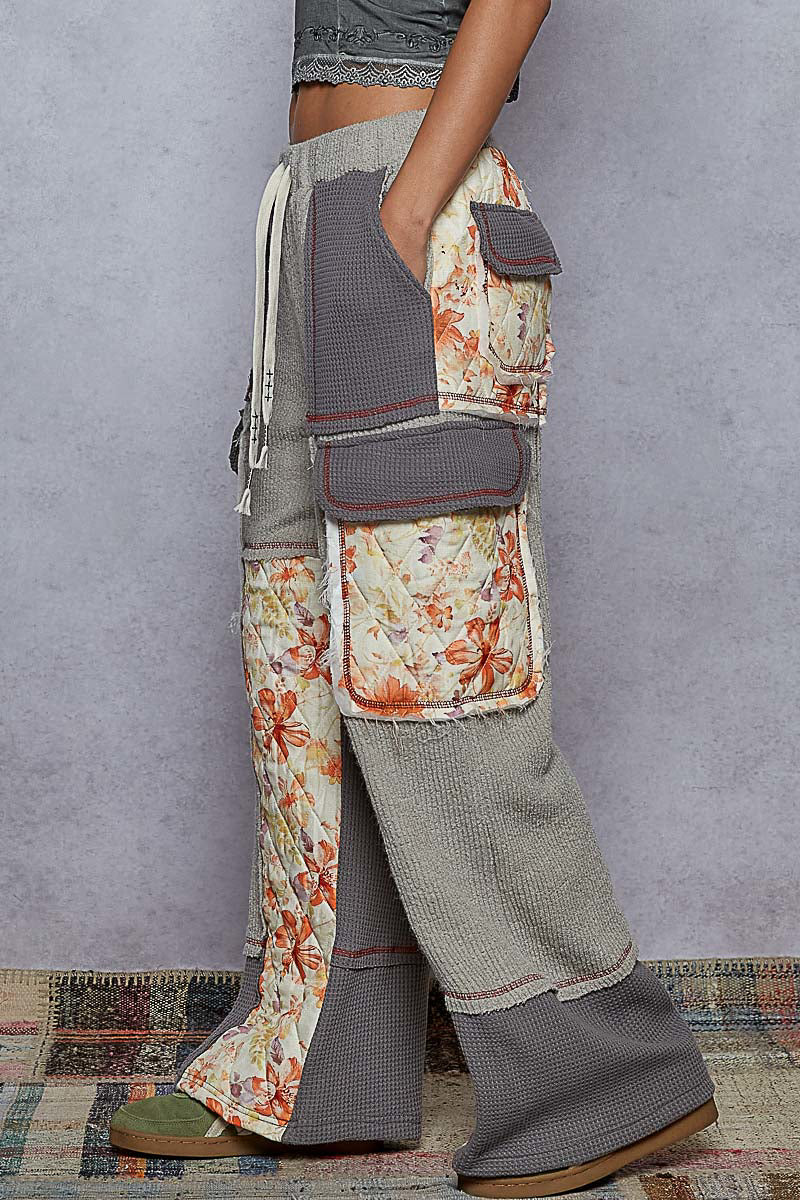 "Wanderlust" Grey Floral Thermal Quilted Wide Leg Pants