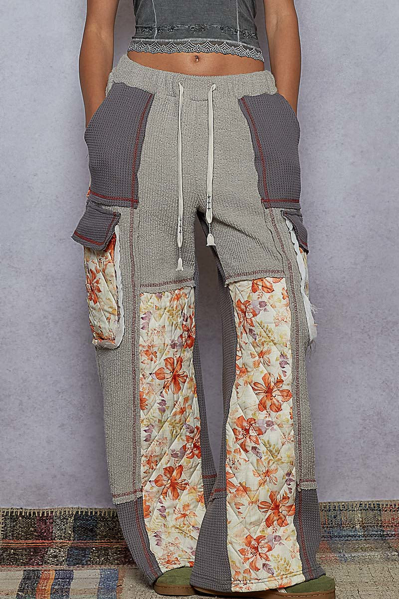 "Wanderlust" Grey Floral Thermal Quilted Wide Leg Pants