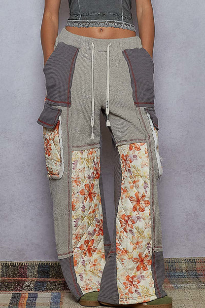 "Wanderlust" Grey Floral Thermal Quilted Wide Leg Pants