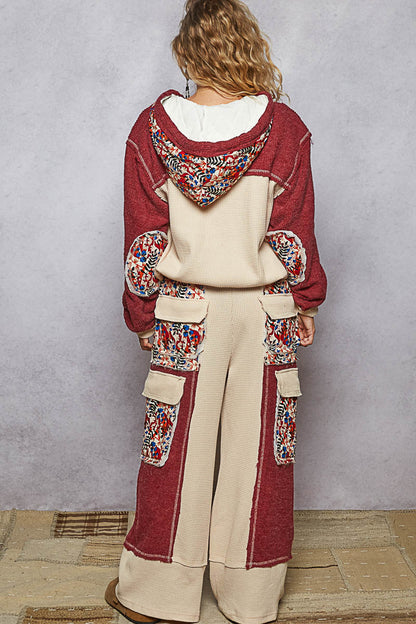 "Wanderlust" Floral Thermal Quilted Wide Leg Pants in Burgundy