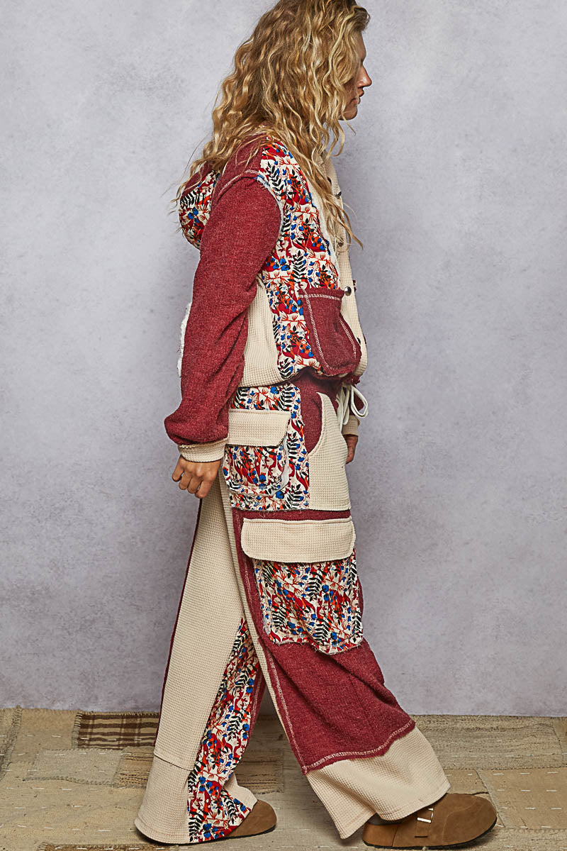 "Wanderlust" Floral Thermal Quilted Wide Leg Pants in Burgundy