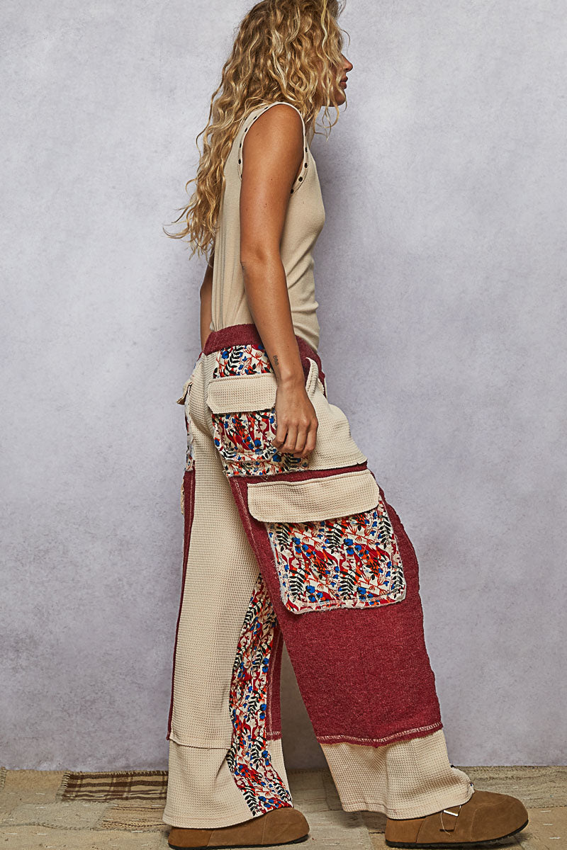 "Wanderlust" Floral Thermal Quilted Wide Leg Pants in Burgundy