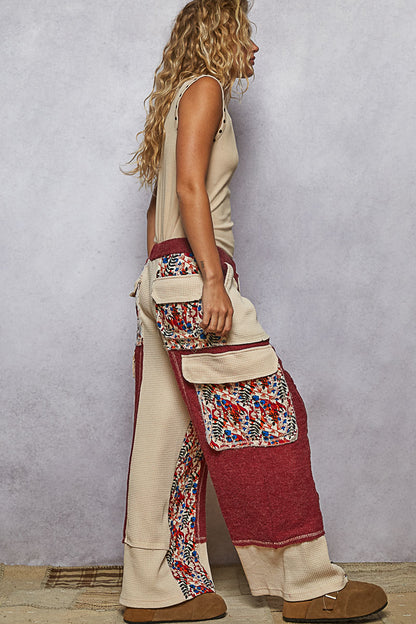 "Wanderlust" Floral Thermal Quilted Wide Leg Pants in Burgundy