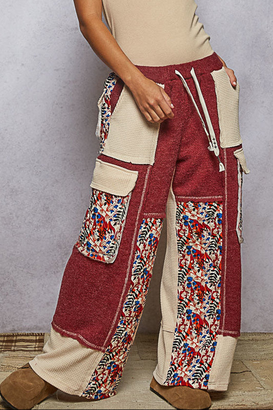 "Wanderlust" Floral Thermal Quilted Wide Leg Pants in Burgundy