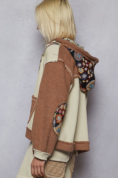 "Whimsy" Oat Chocolate Floral Knit Hoodie Jacket