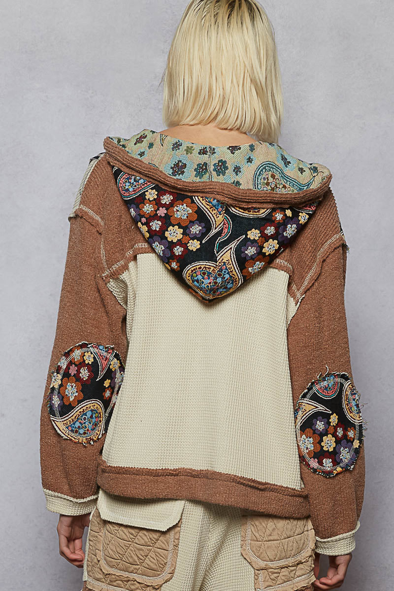 "Whimsy" Oat Chocolate Floral Knit Hoodie Jacket
