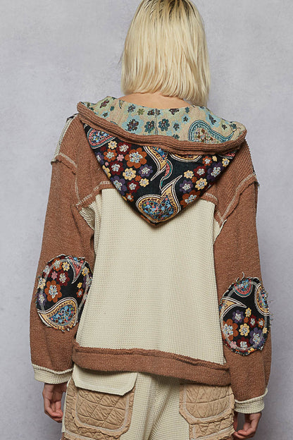 "Whimsy" Oat Chocolate Floral Knit Hoodie Jacket