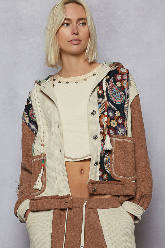 "Whimsy" Oat Chocolate Floral Knit Hoodie Jacket