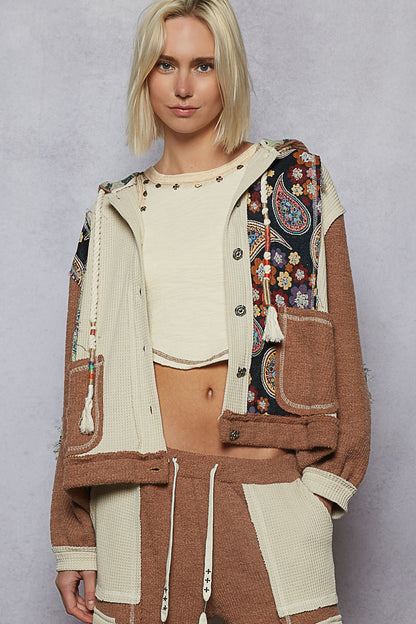 "Whimsy" Oat Chocolate Floral Knit Hoodie Jacket