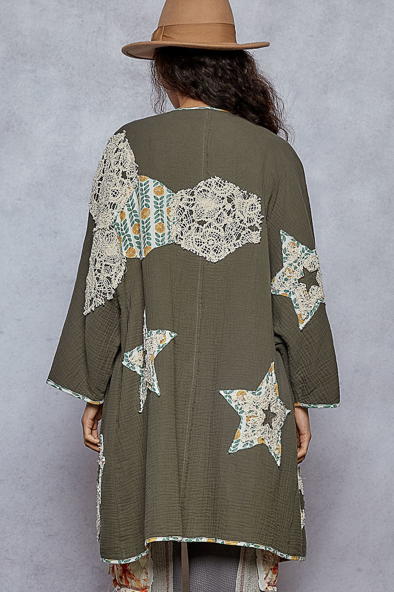 "Paige" Double Gauze Patchwork Cardigan Kimono in Green