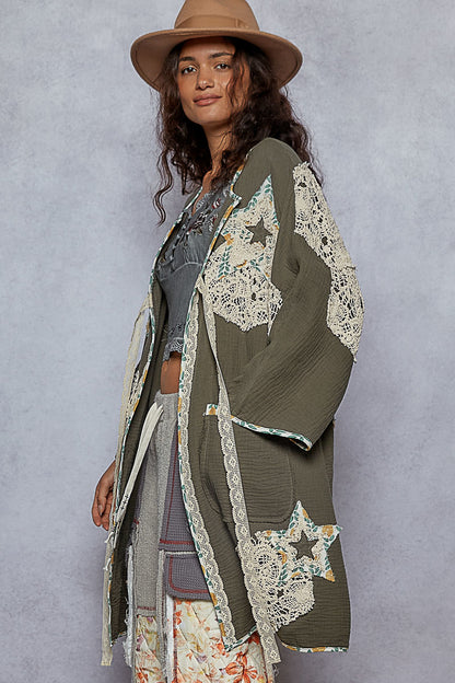 "Paige" Double Gauze Patchwork Cardigan Kimono in Green