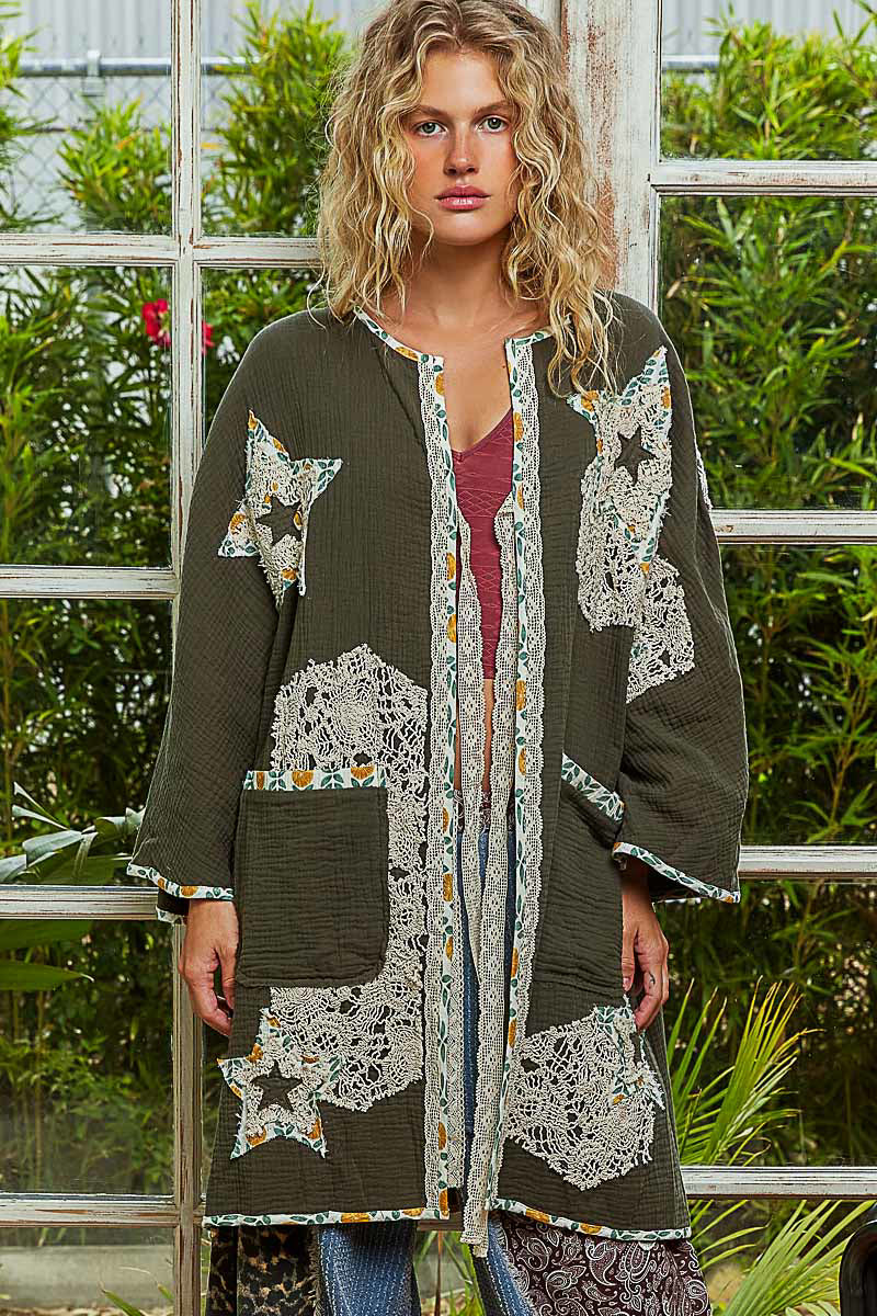 "Paige" Double Gauze Patchwork Cardigan Kimono in Green