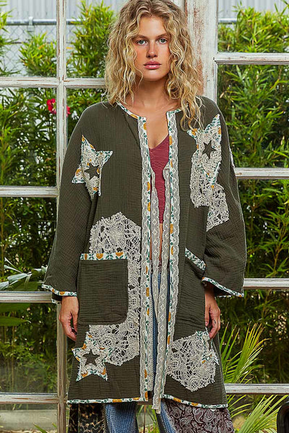 "Paige" Double Gauze Patchwork Cardigan Kimono in Green