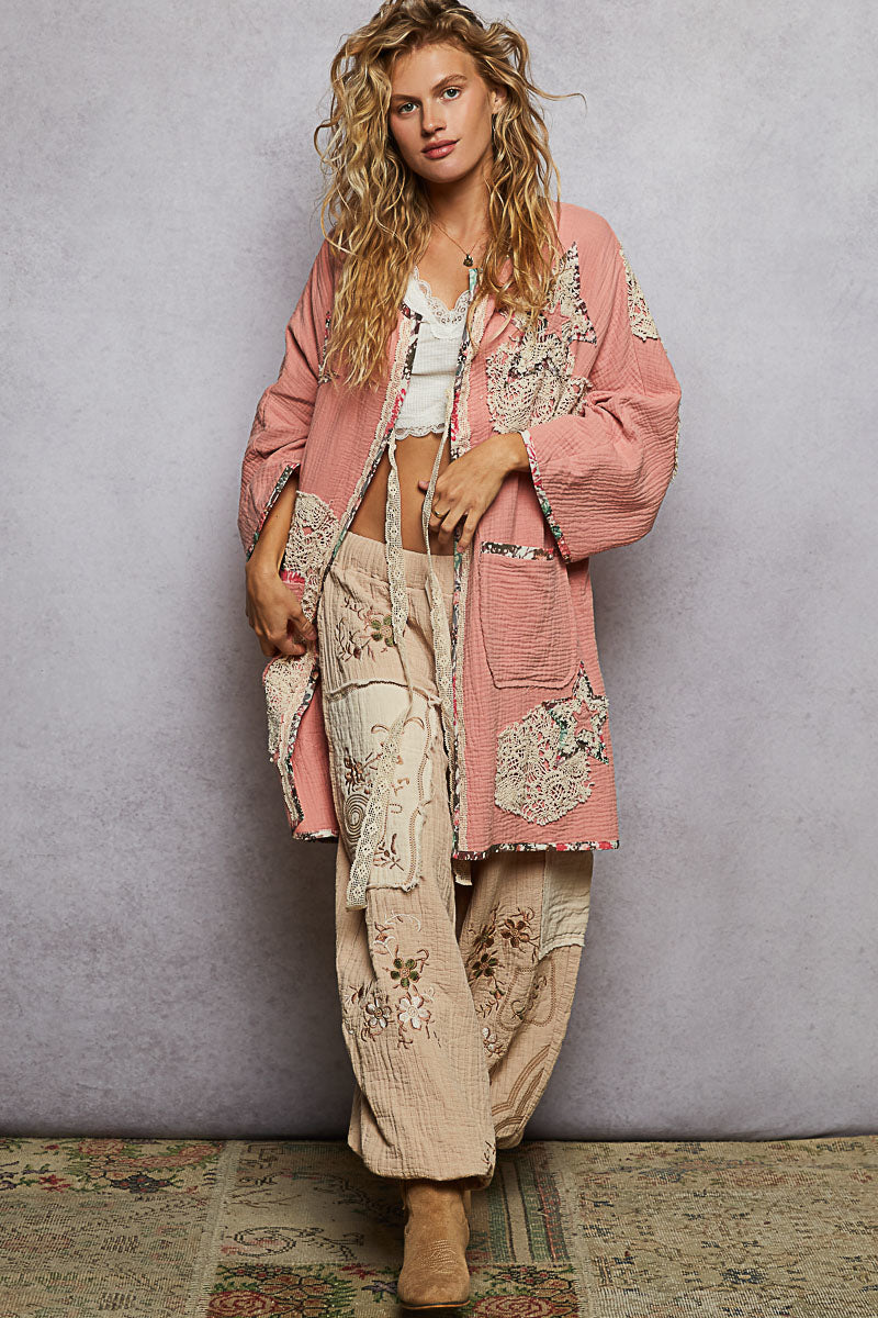 "Paige" Double Gauze Patchwork Cardigan Kimono in Pink