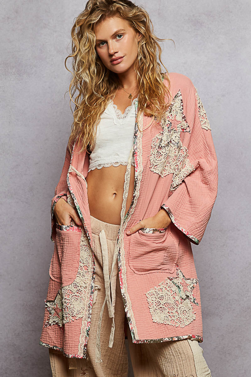 "Paige" Double Gauze Patchwork Cardigan Kimono in Pink