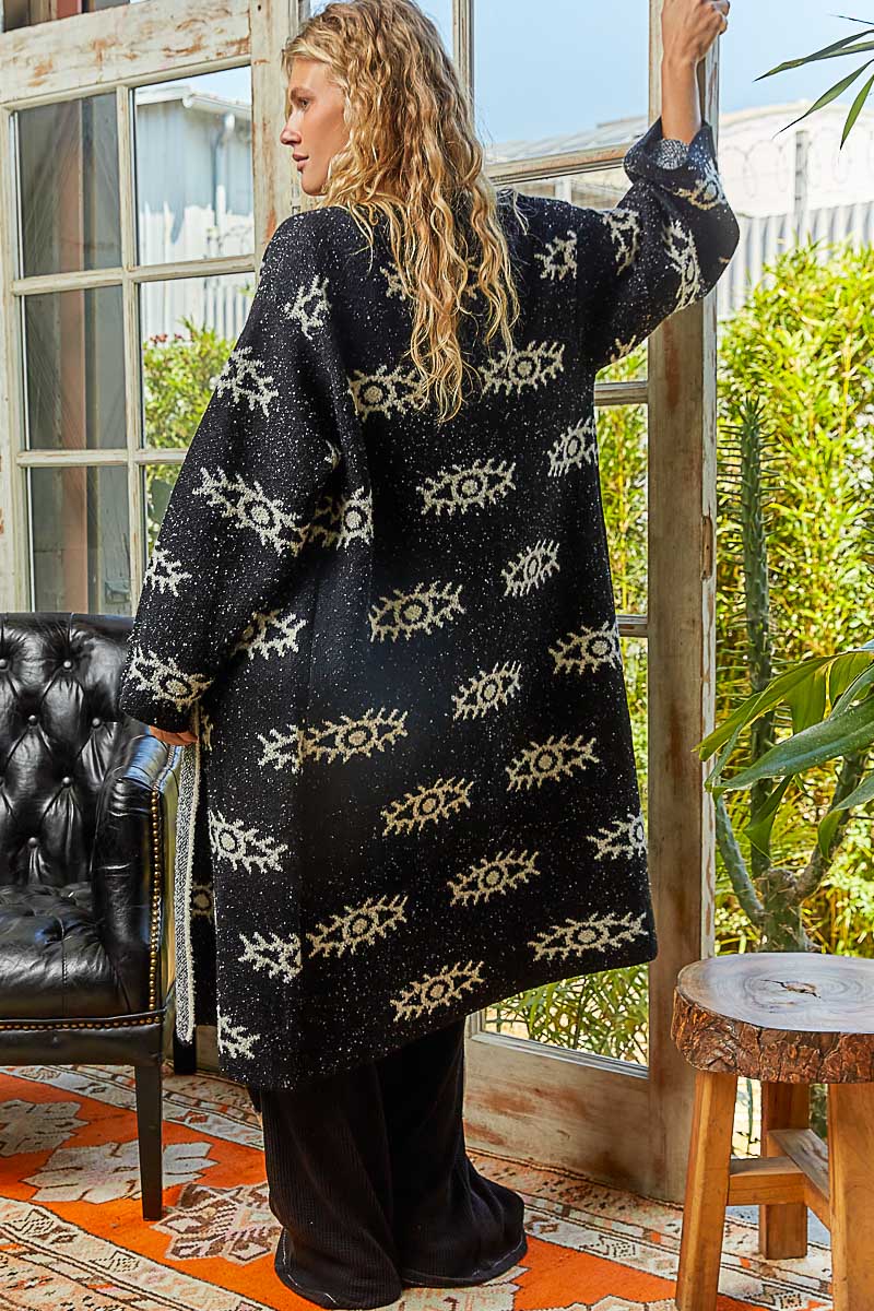 "Evil Eye" Black and Cream Eye Pattern Cardigan Sweater