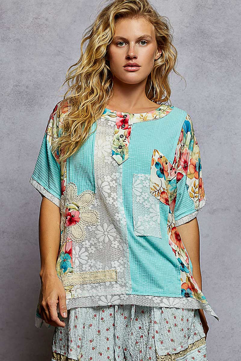 "La Isla Bonita" Lace Patchwork Top in Aqua
