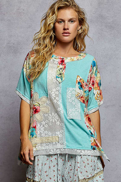 "La Isla Bonita" Lace Patchwork Top in Aqua