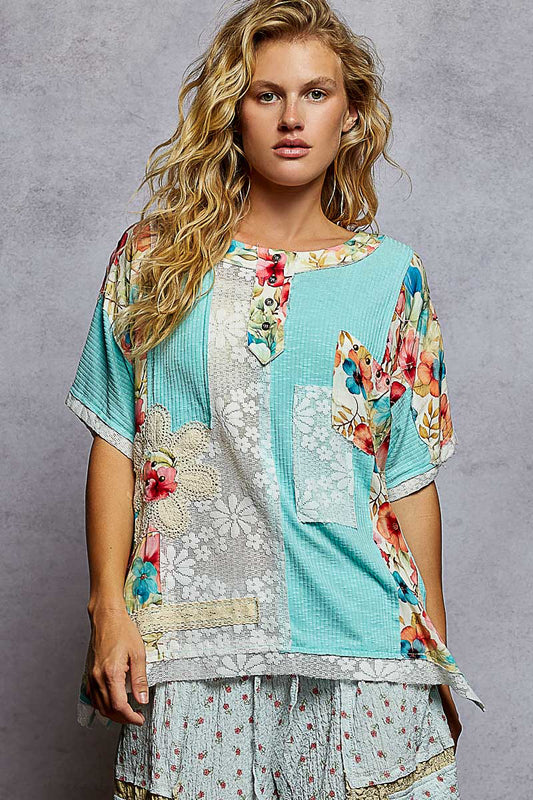 "La Isla Bonita" Lace Patchwork Top in Aqua