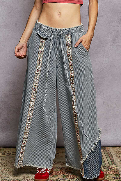 "Flora Striper" Floral Accent Pants in Striped Denim