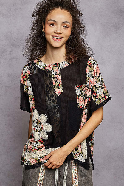 "La Isla Negra" Lace Patchwork Top in Black