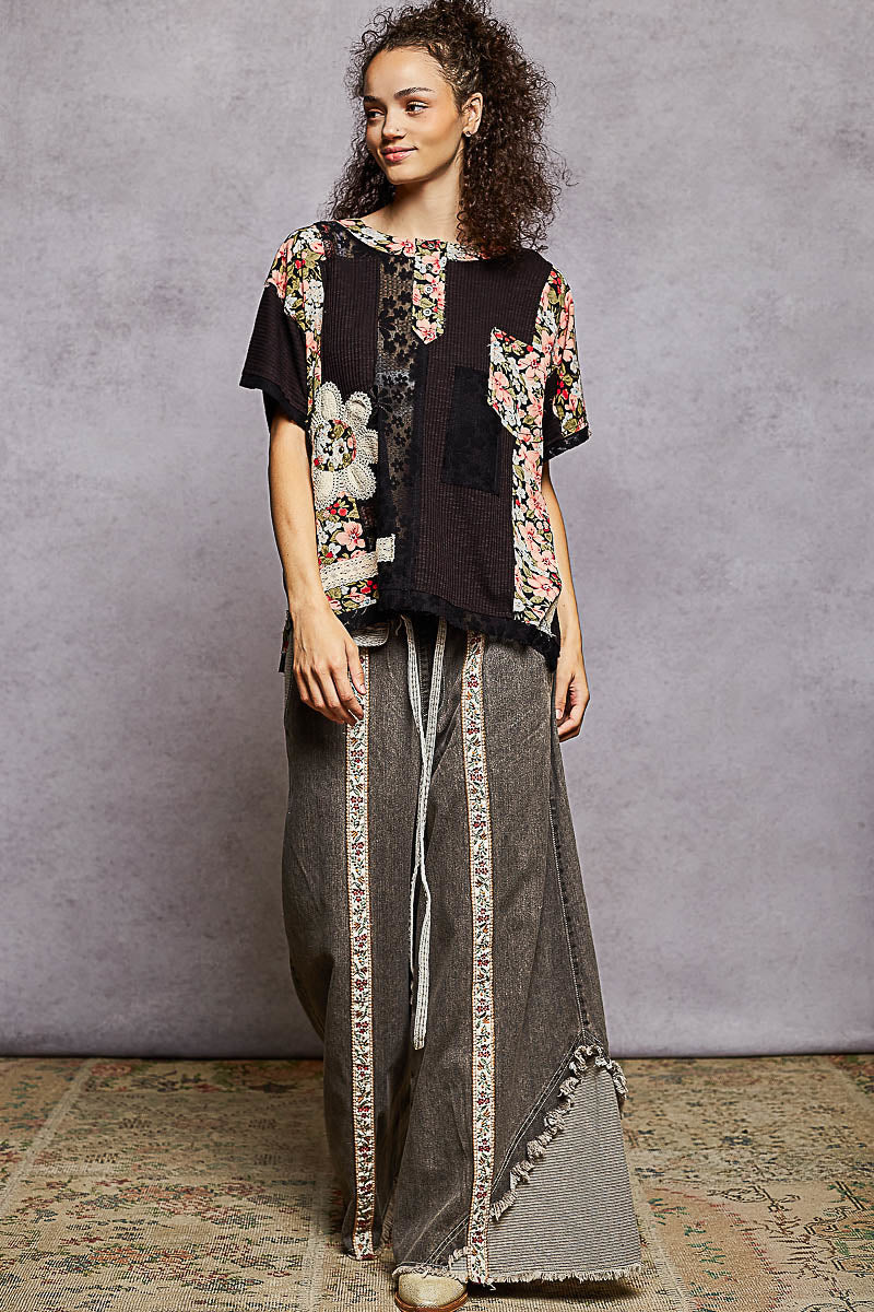 "La Isla Negra" Lace Patchwork Top in Black